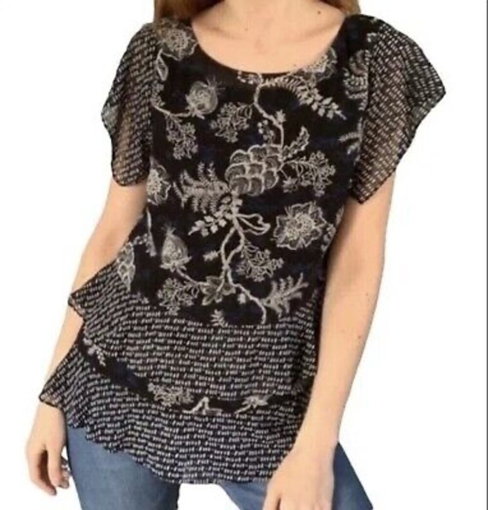 CAbi #5355 Hybrid Print Ruffle Short Sleeve Blouse Size Small Black Blue